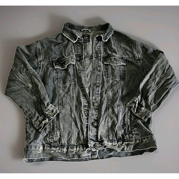 Bershka Jackets & Blazers - Bershka Women's Size Large Charcoal Grey Denim Trucker Jacket 90s‎ Style